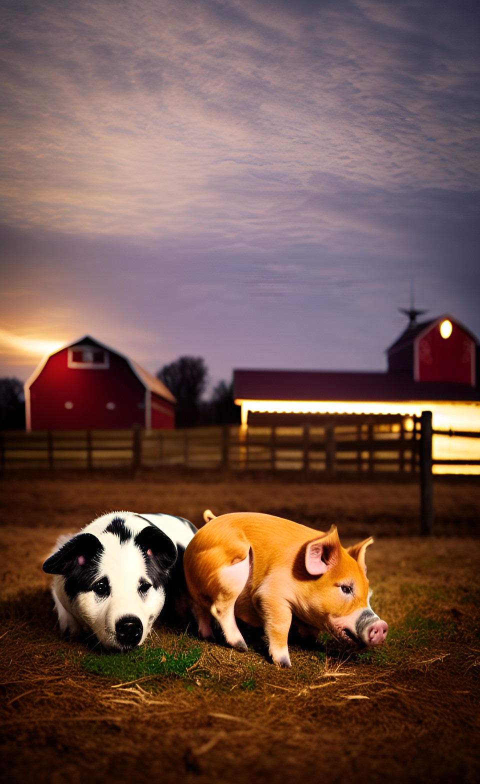 farm at night, a dog and a pig laying down to sleep, work is over preview