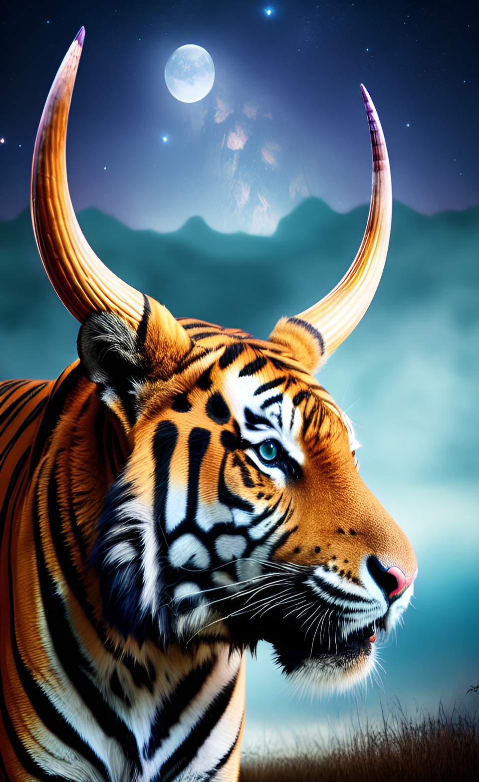 horns on a tiger with horns like an ox, watchful and awake in the middle of the deep dark night preview