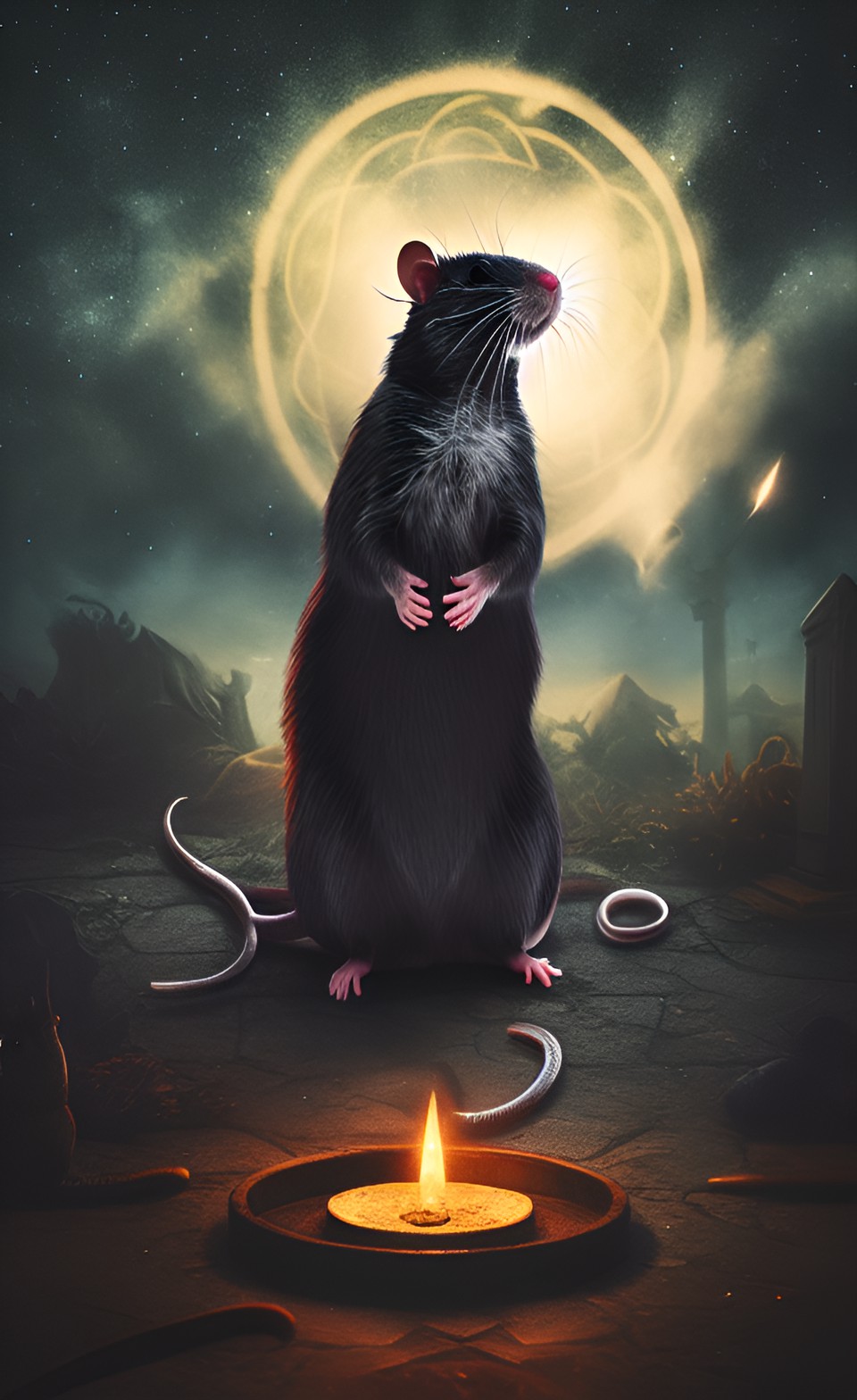 a rat cleric worshipping god, midnight rat at midnight in the deep black overcast dark of night preview