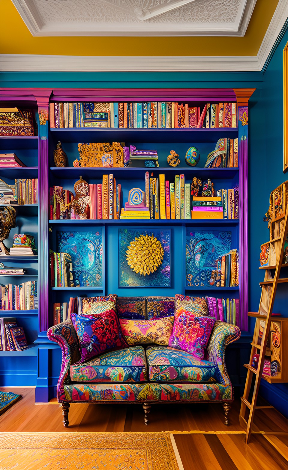 cozy living room colorful bookcases preview