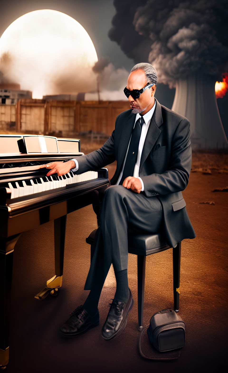 The Last Piano Man - man in a suit playing a piano in a nuclear apocalyptic world preview