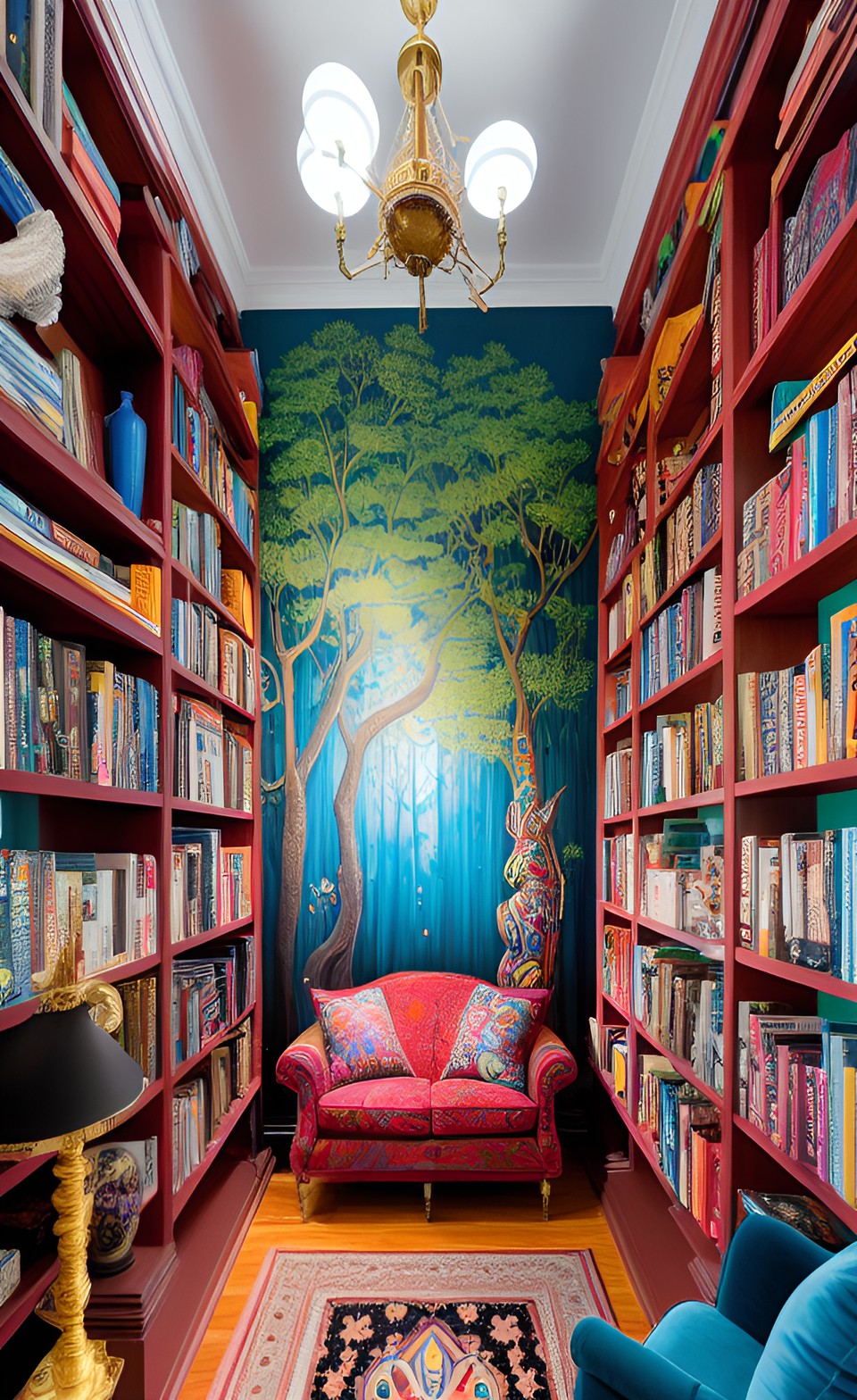 cozy living room colorful bookcases preview