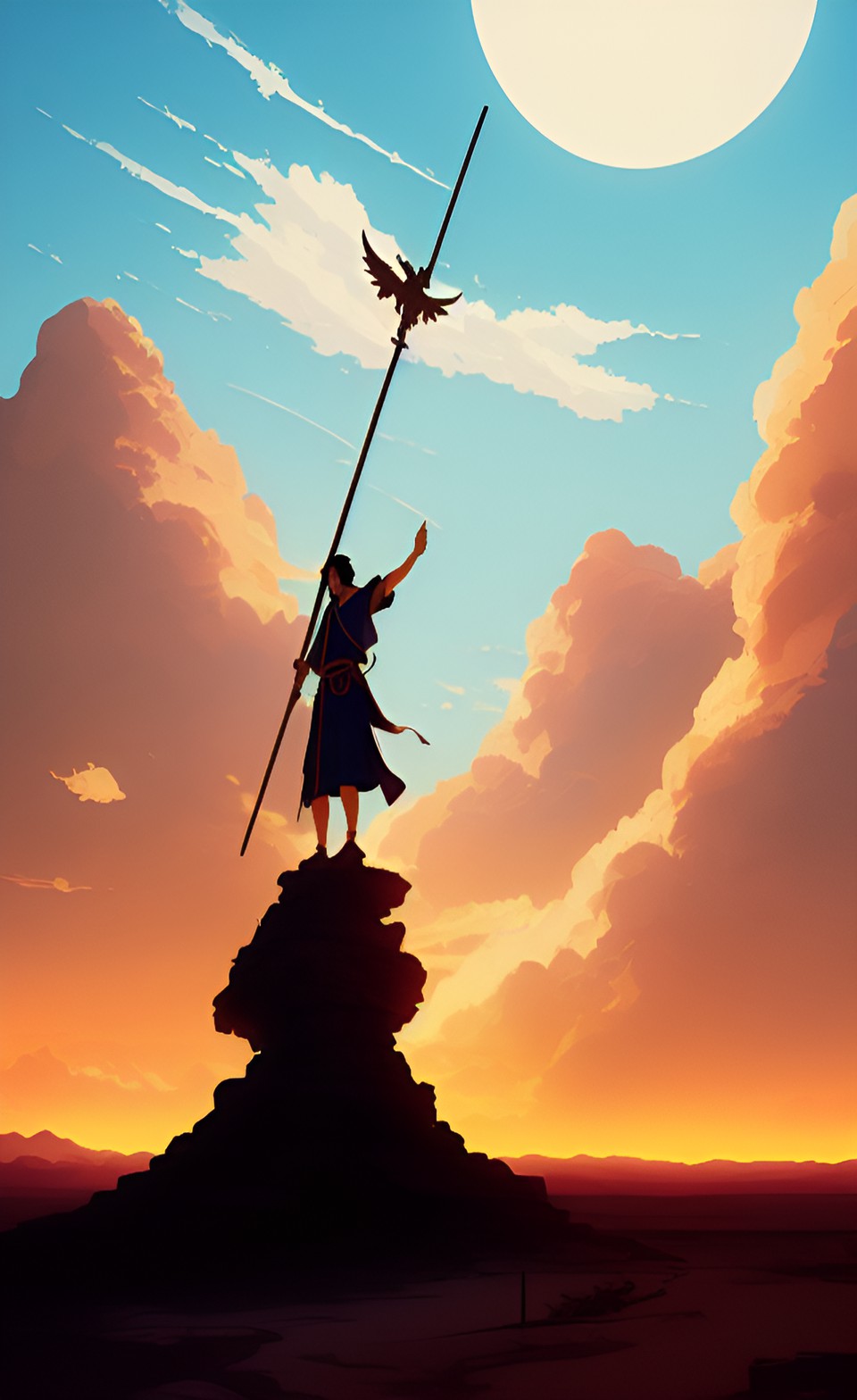 mid morning, the holy spirit fire, moses holding a tall pole with the bronze snakes-serpent-dragon crucified on top of the pole. in the desert wilderness preview