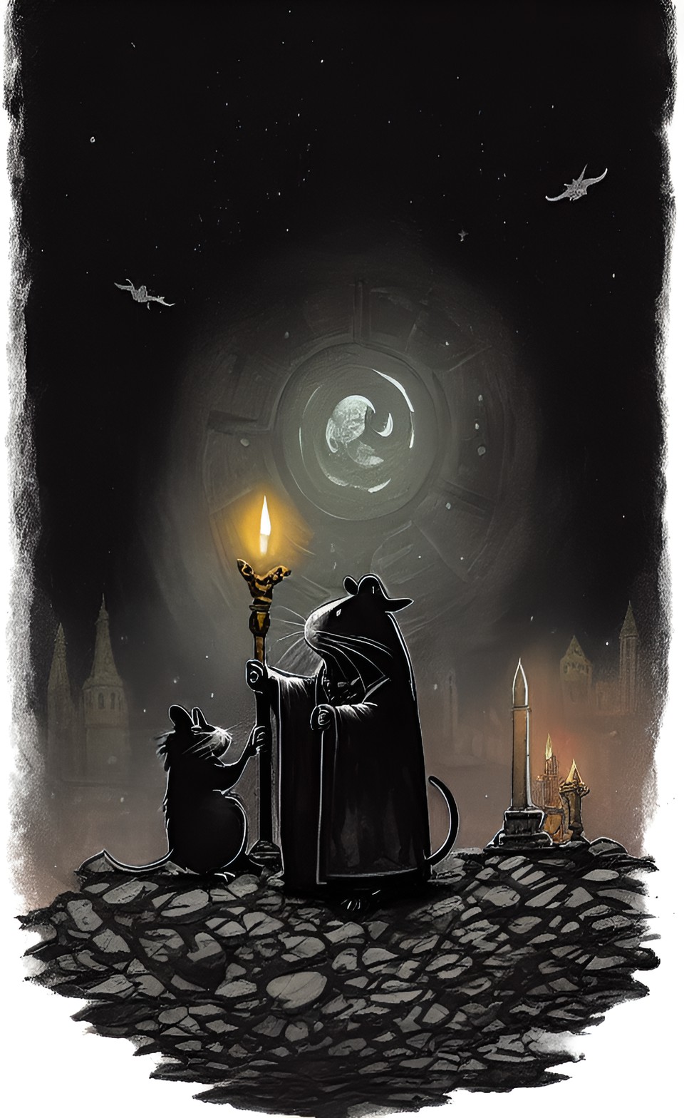 a rat cleric worshipping god, midnight rat at midnight in the deep black overcast dark of night preview