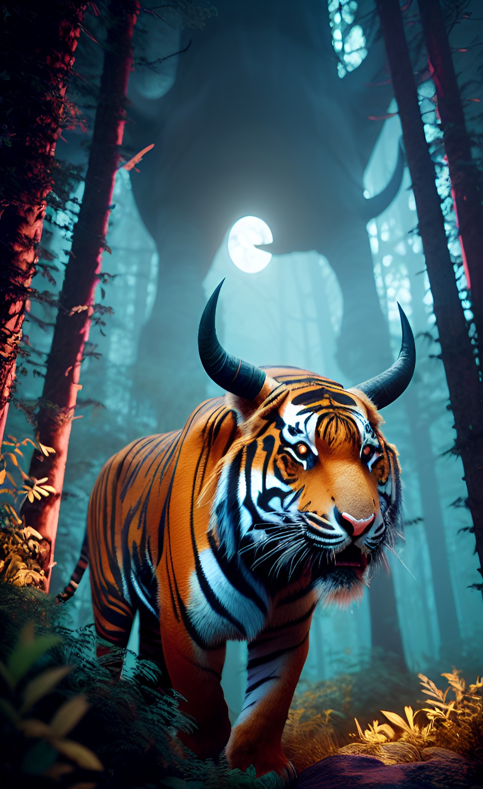 horns on a tiger with horns like an ox, watchful and awake in the middle of the deep dark night preview