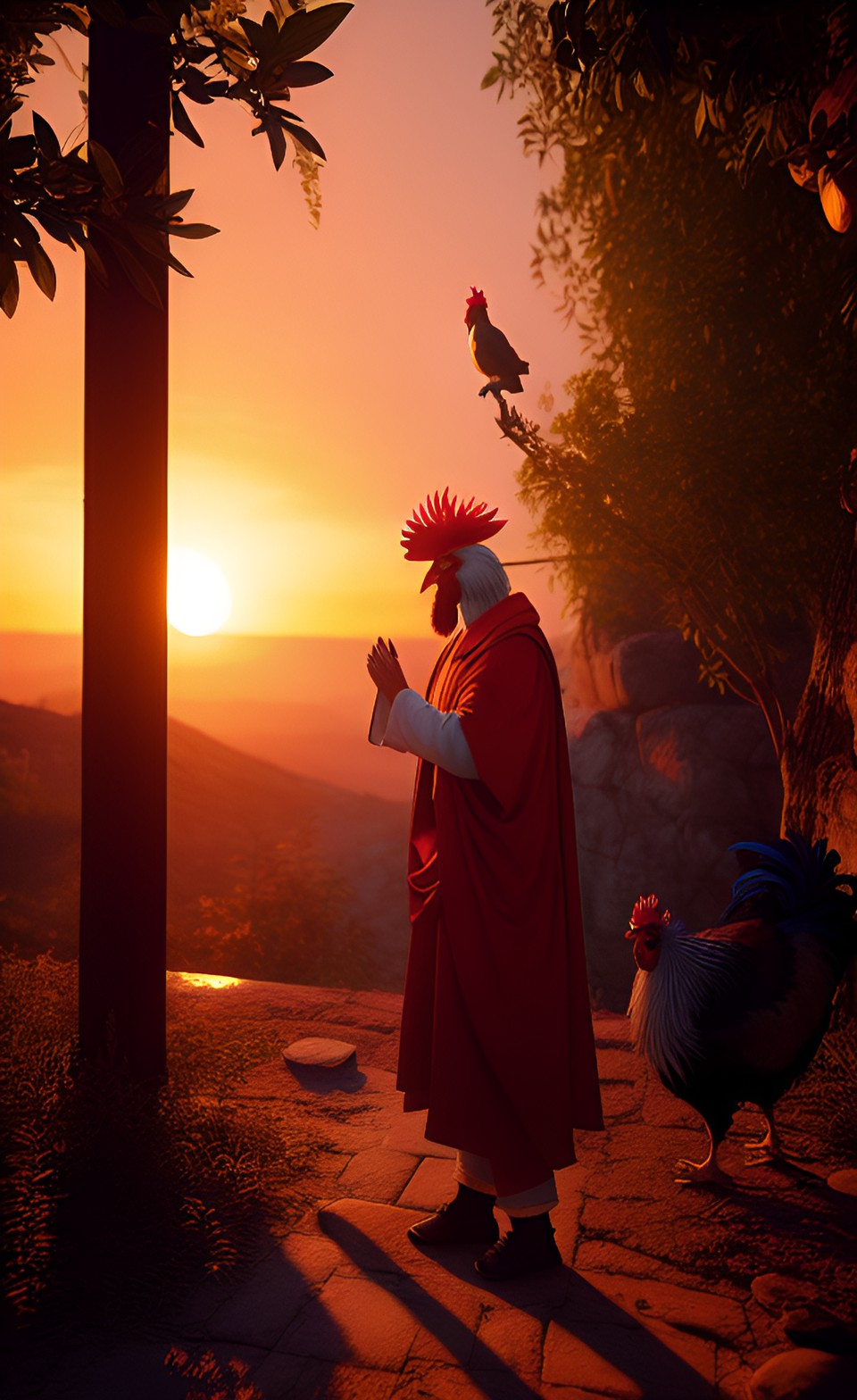 vespers, a rooster-monk thanking jesus for the day as the majestic sunset preview