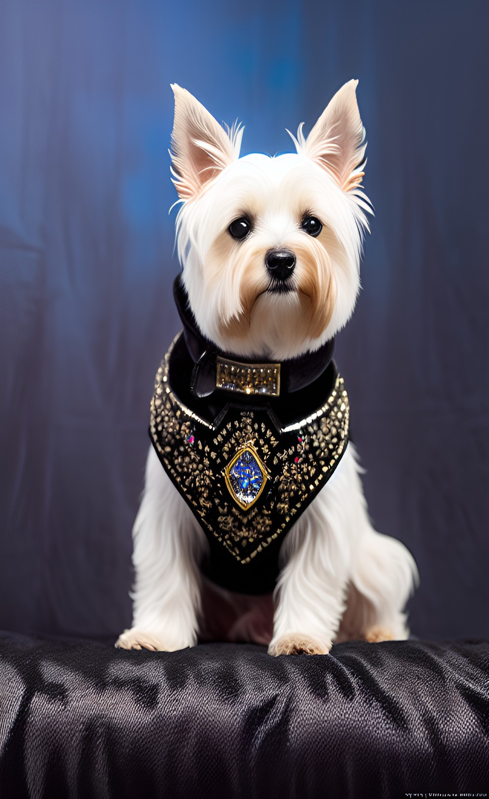 terrier wearing a rhinestone collar, resting on a black satin cushion, black velvet backdrop,  studio portrait preview