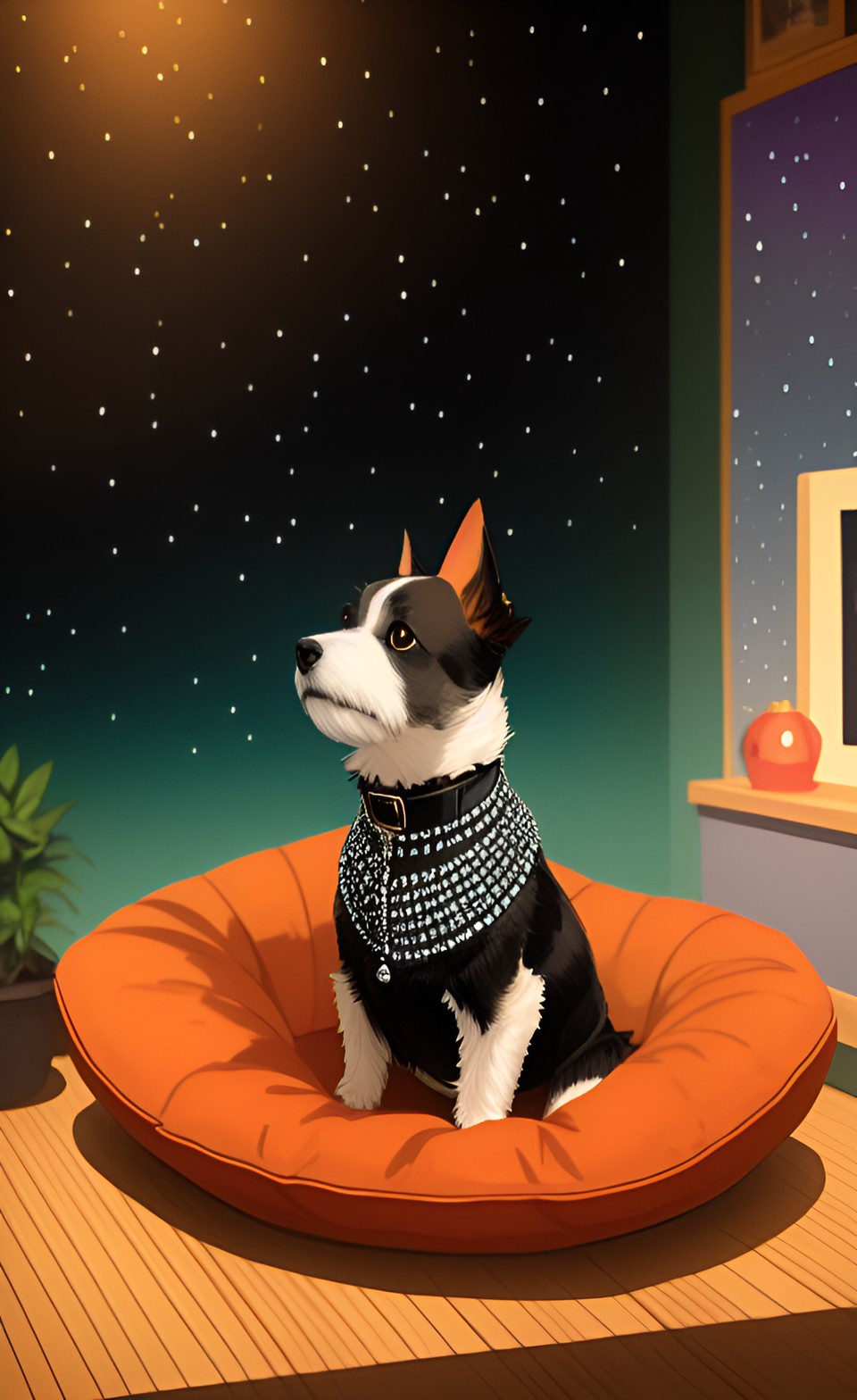 terrier wearing a rhinestone collar, resting on a black satin cushion, black velvet backdrop,  studio portrait preview