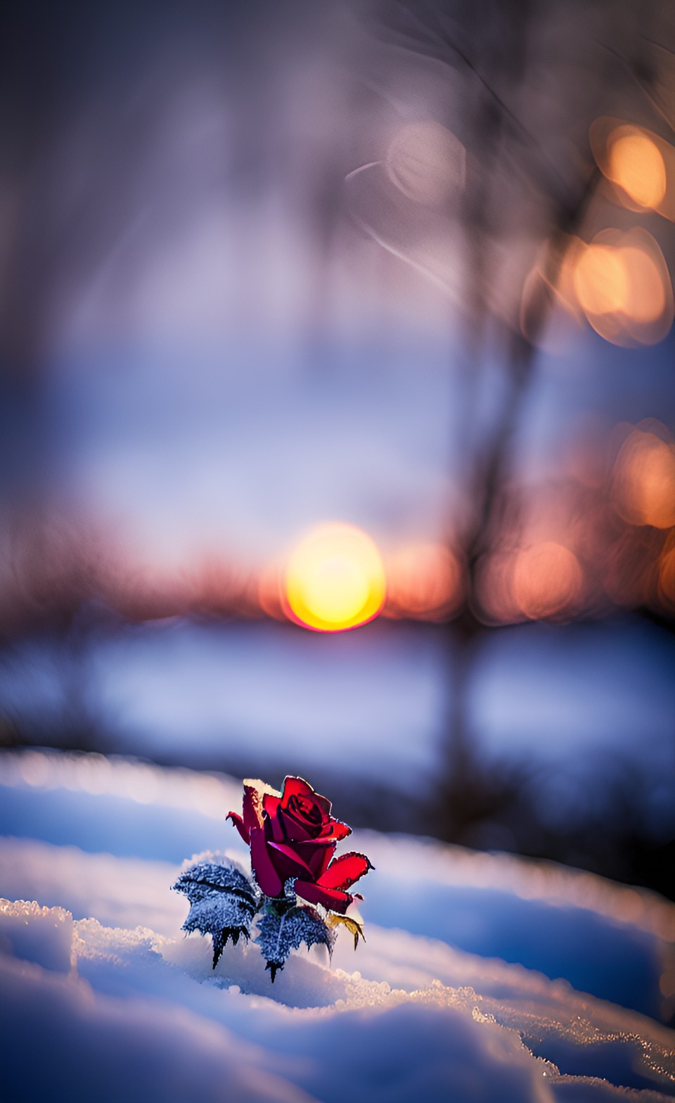 frosty red rose with a blurry sunset in the background and snowflakes preview