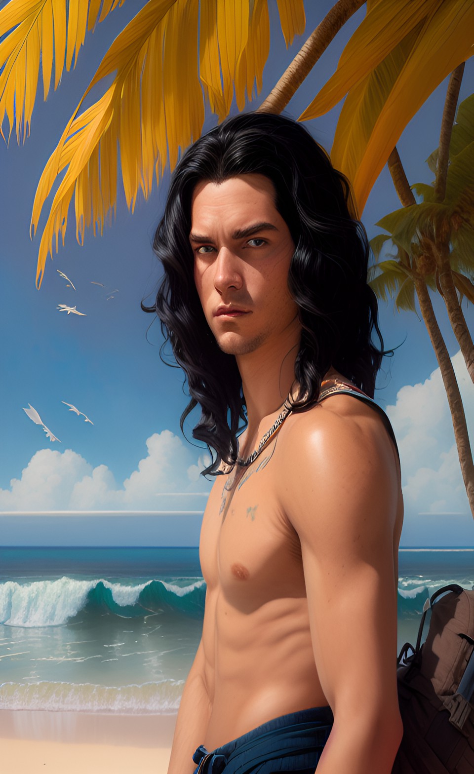 man, lean, with long, frizzy black hair, blue eyes, a fair skin tone, and freckles. on a tropical beach. preview