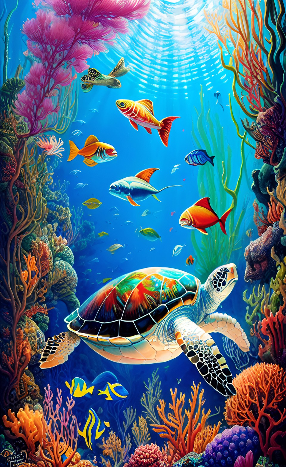 glorious undersea paradise garden with sea turtles and multicolored fish preview