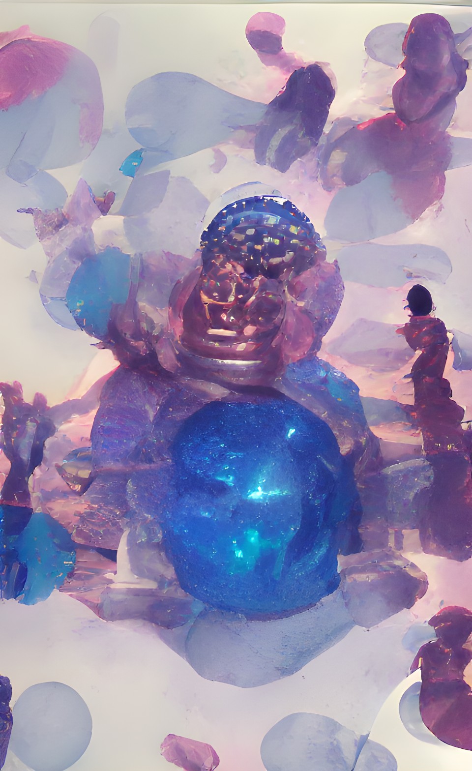 a buddha with a blue lotus head playing with a blue globe in space preview