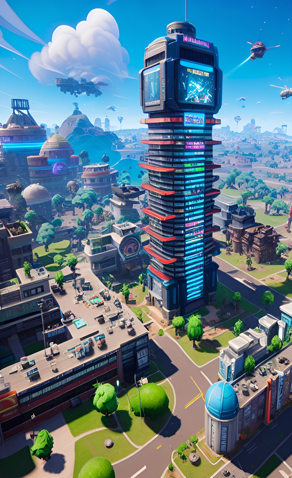 tilted towers from fortnite, futuristic preview