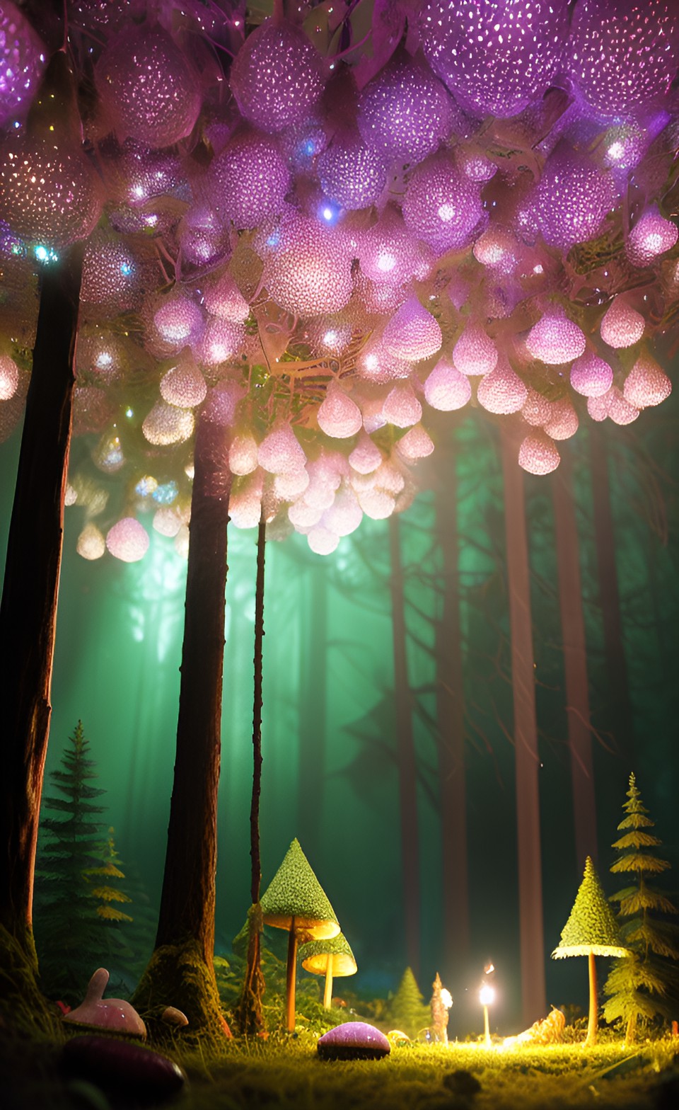 forest under mushroom canopy, spores, luminescent psilocybe, woodland, moonlight, starbright, glitter, hd, glow preview