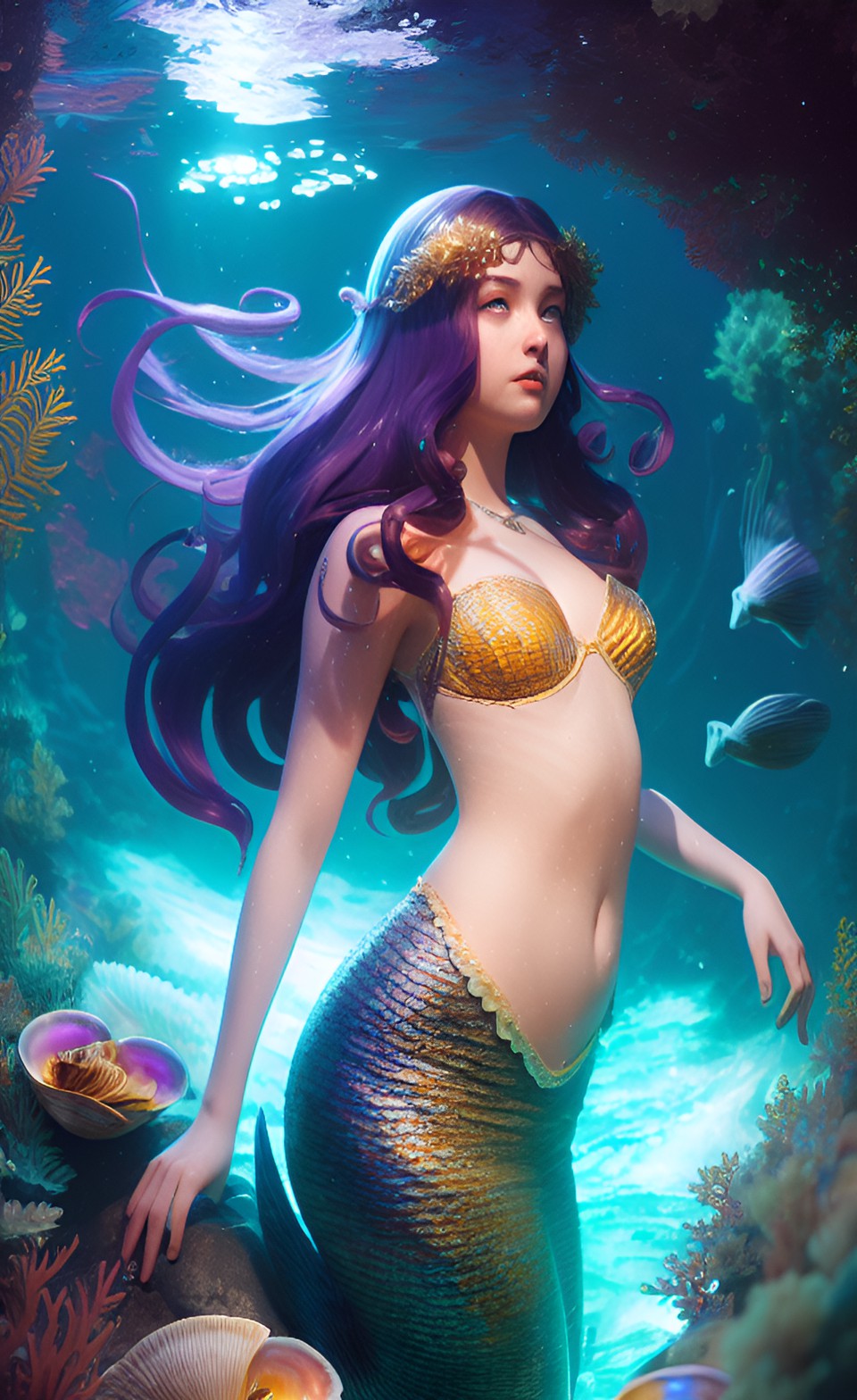 realistic mermaid moonlight moonbathe, clams preview