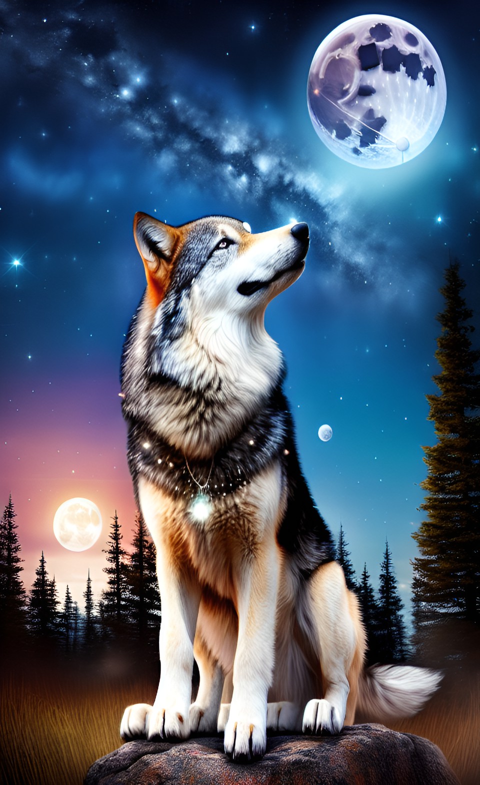 bright shining stars all over the sky and a wolf howling at the full moon preview