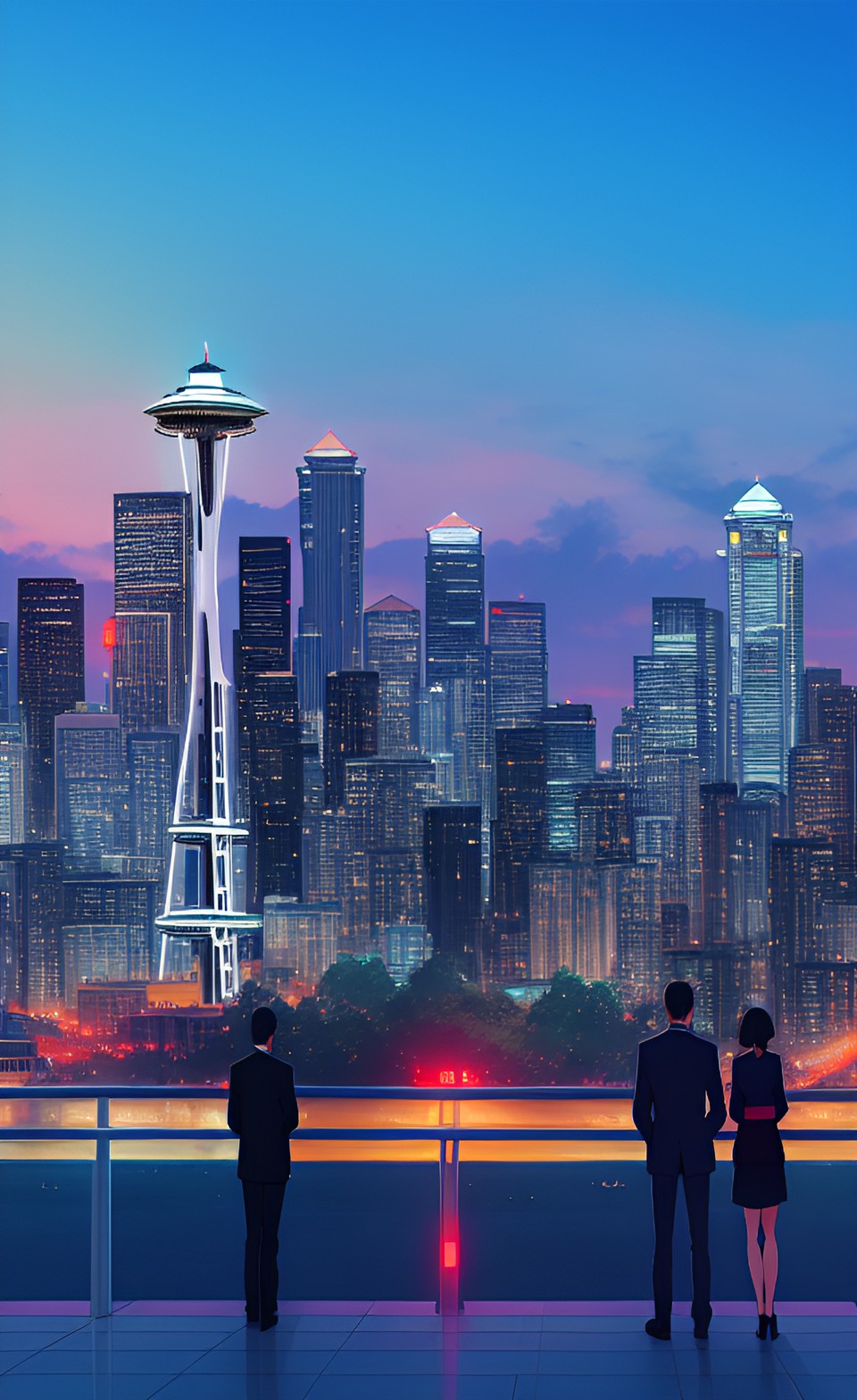 Sleepless in Seattle - business people standing in front of the seattle skyline. make skyline red and blue preview