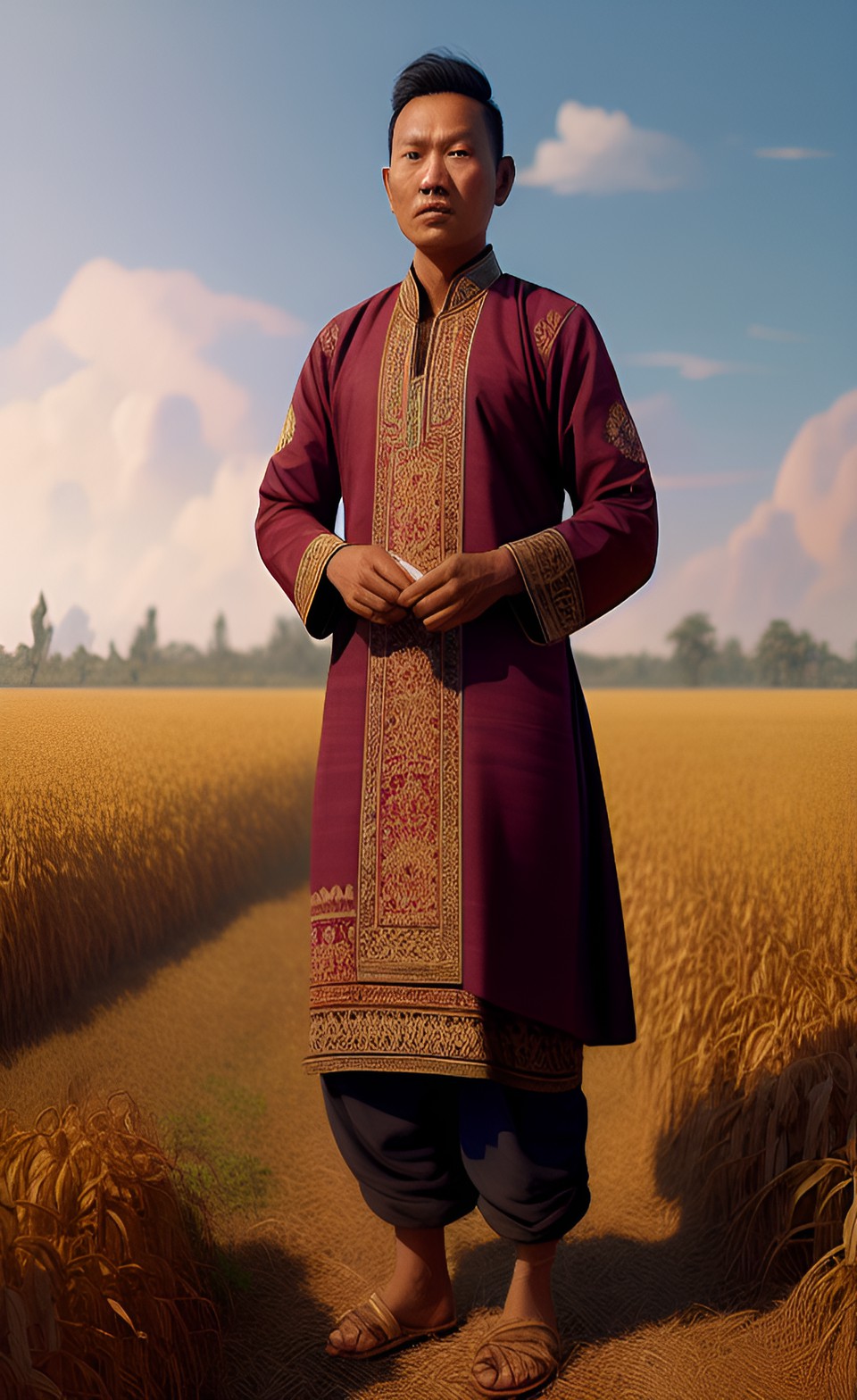 slovak indonesian man in traditional clothes works in a wheat field preview