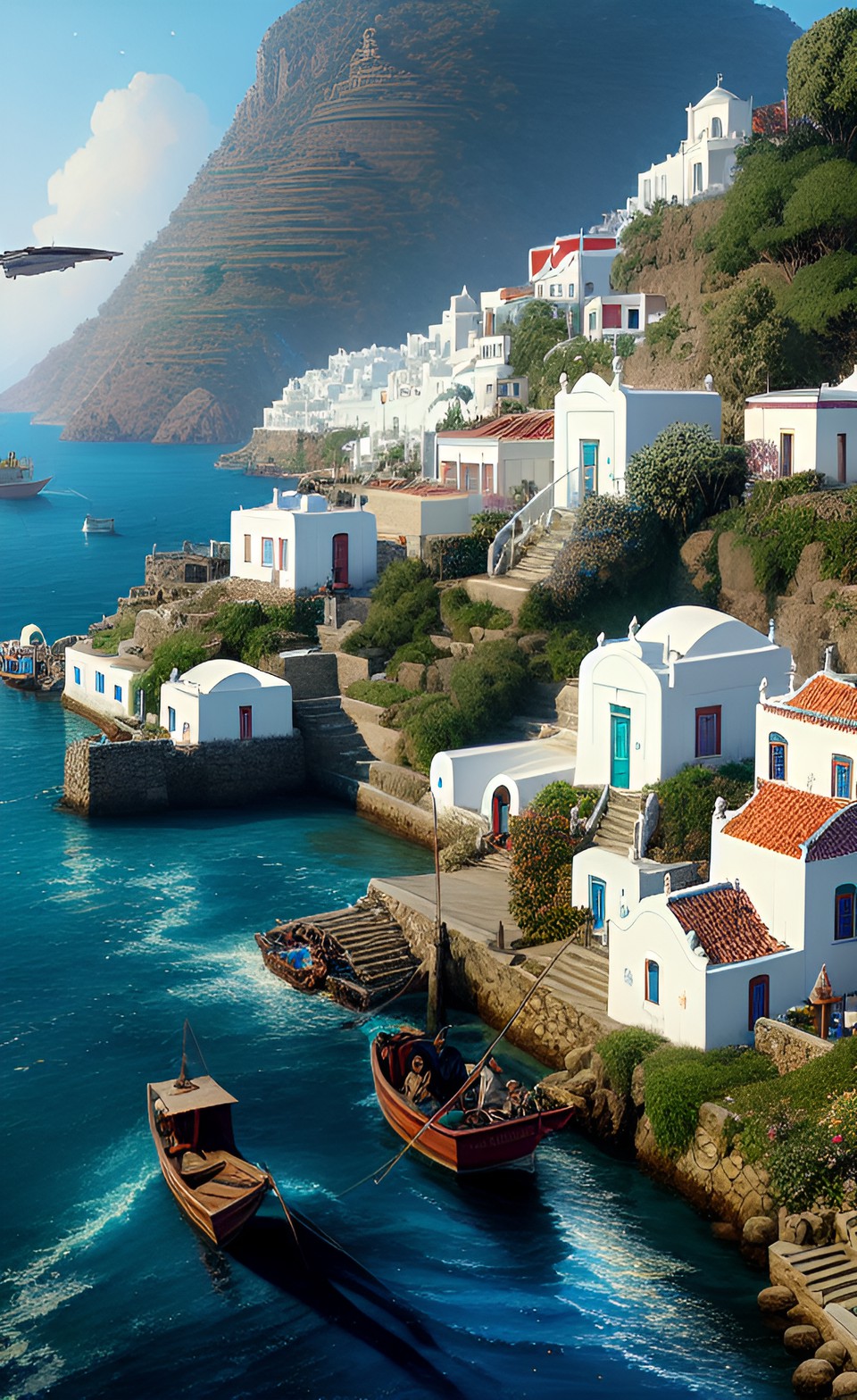 indonesian greek fishing town in the countyside with white indonesian houses and church on mykonos preview