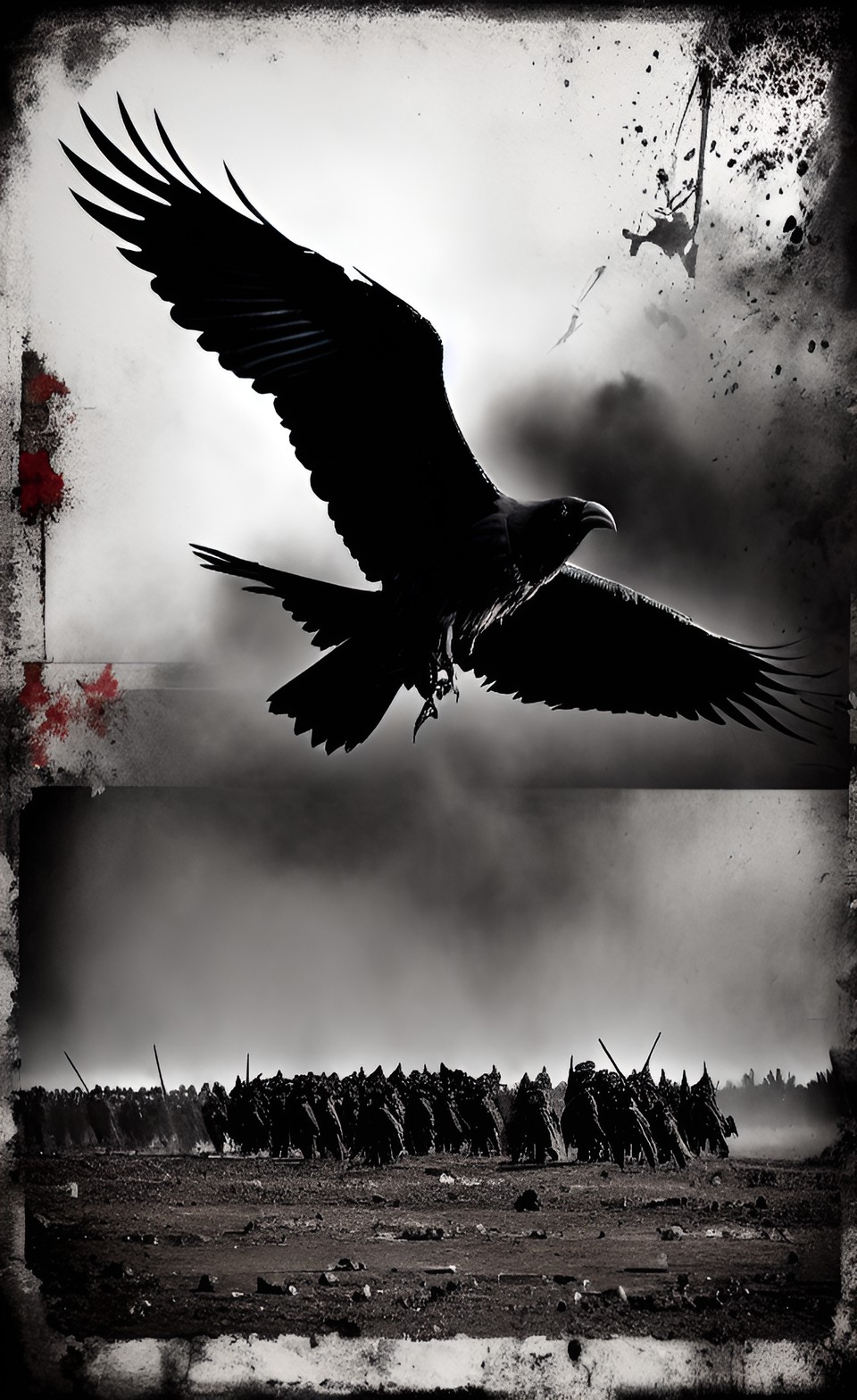 war.scene grayscale with pigment.explosion random.color rubberized.textures distressed.film desolate.wasteland crows.attack king.crow crow.army vs wetwork.soldiers crows.win preview