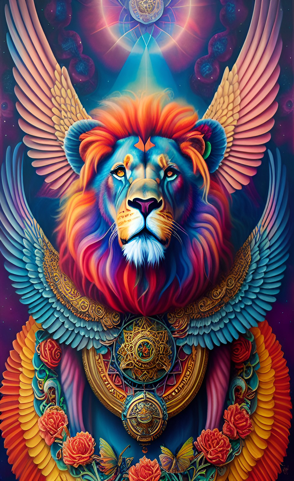 When the purpose of animals is incorporated into art the result is fantastic.  In this work, watercolors were combined with the view of a lion looking at the sky and imagining if he could fly like fellow birds - a lion with two wings in wonderful colors preview