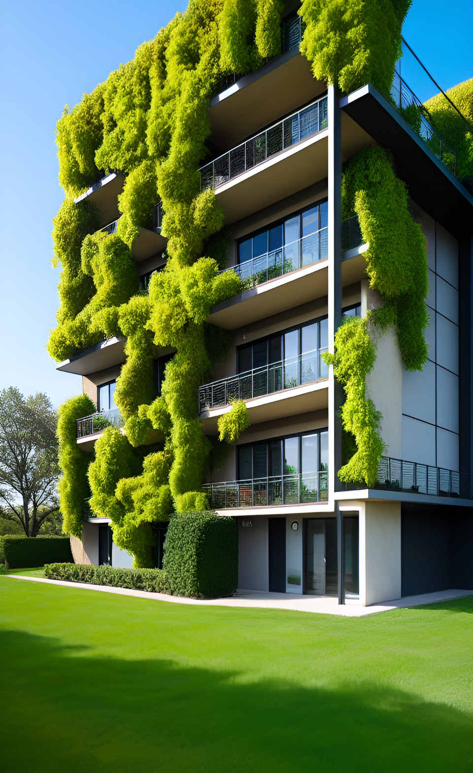 modern green vines architectural apartment building with iron support structure on the countryside preview