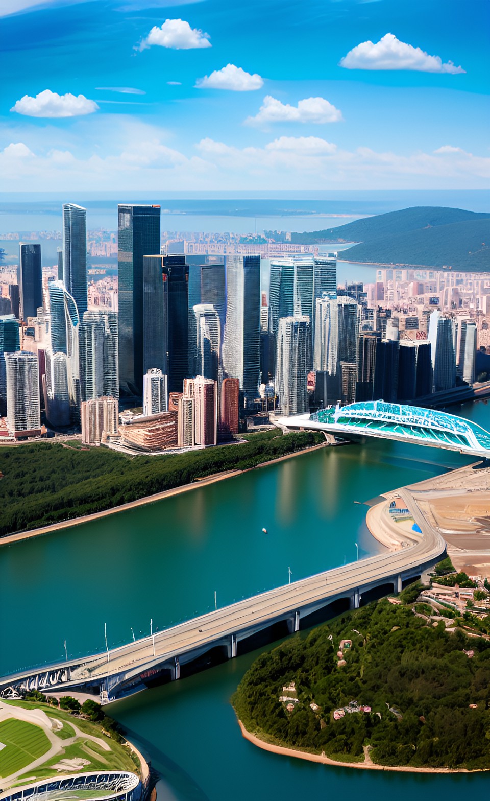 city with towers and stadium on seaside near a mountain preview