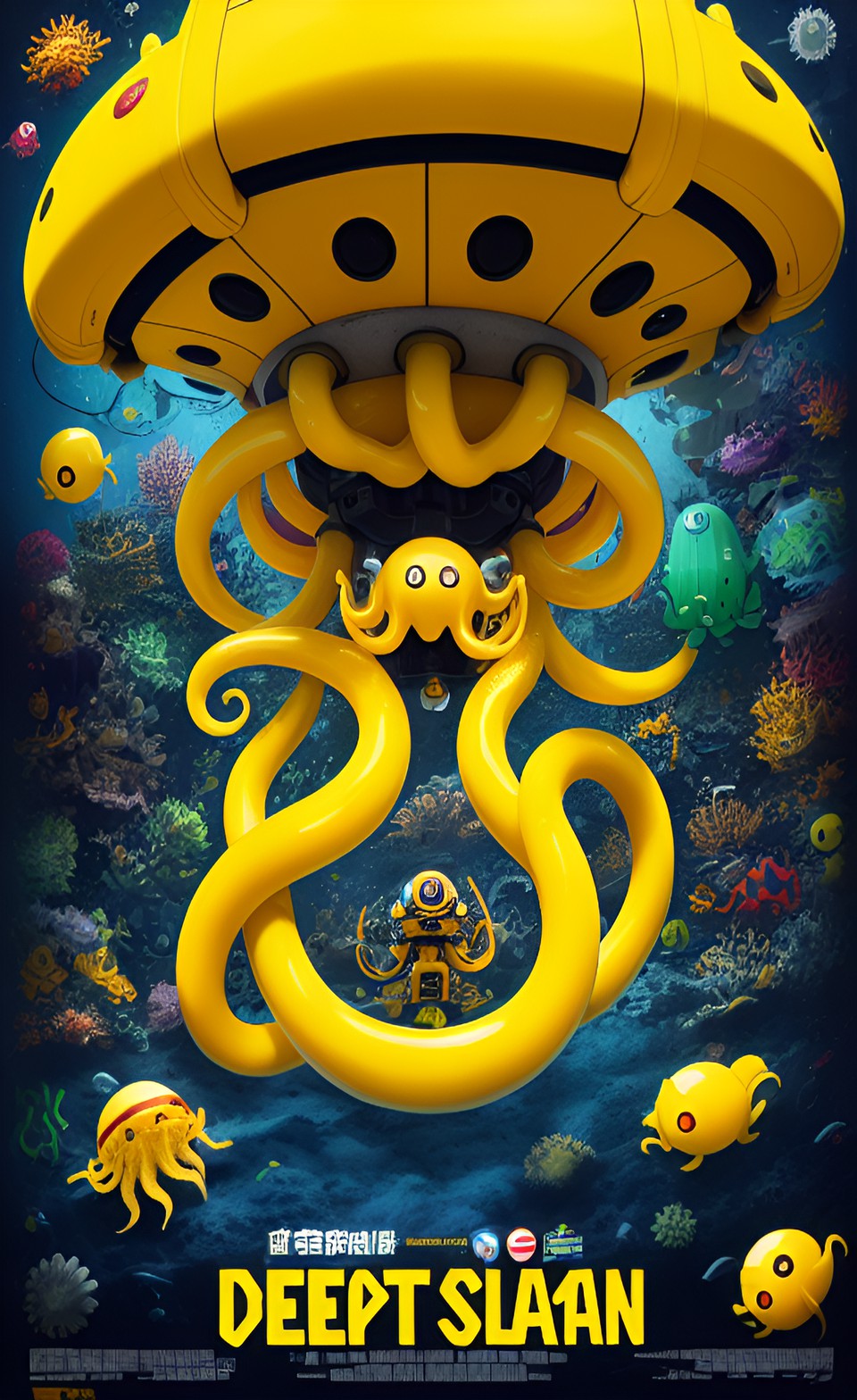 eight-tentacles yellow squid robot in the deep dark sea horror movie poster preview