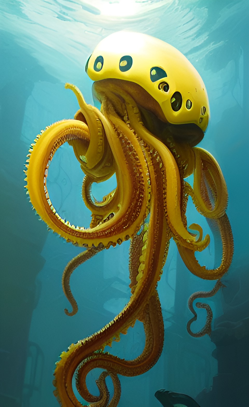 eight-tentacles yellow squid robot in the deep dark sea horror movie poster preview