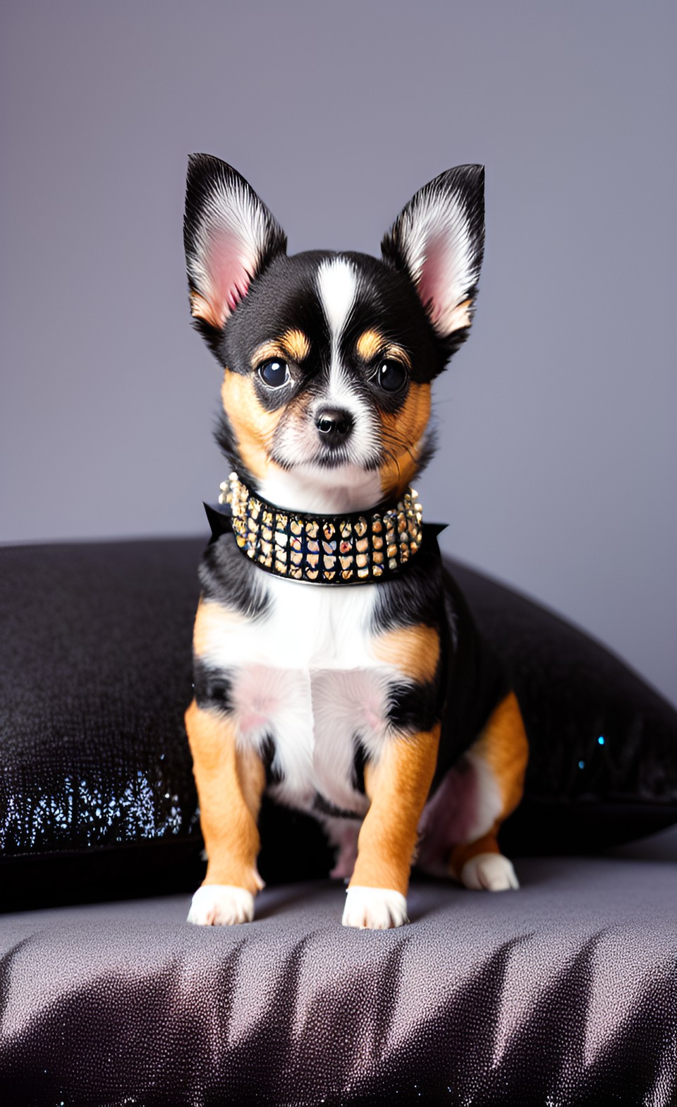 small dog wearing a rhinestone collar, resting on a black satin cushion, black velvet backdrop,  studio portrait preview