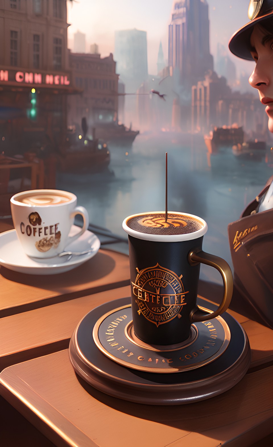 Java for the Flight - café steampunk city cup of coffee on a table preview