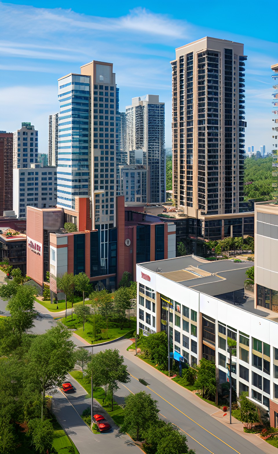 apartments shopping mall center with high rise blocks lofts on top forest and downtown city center preview