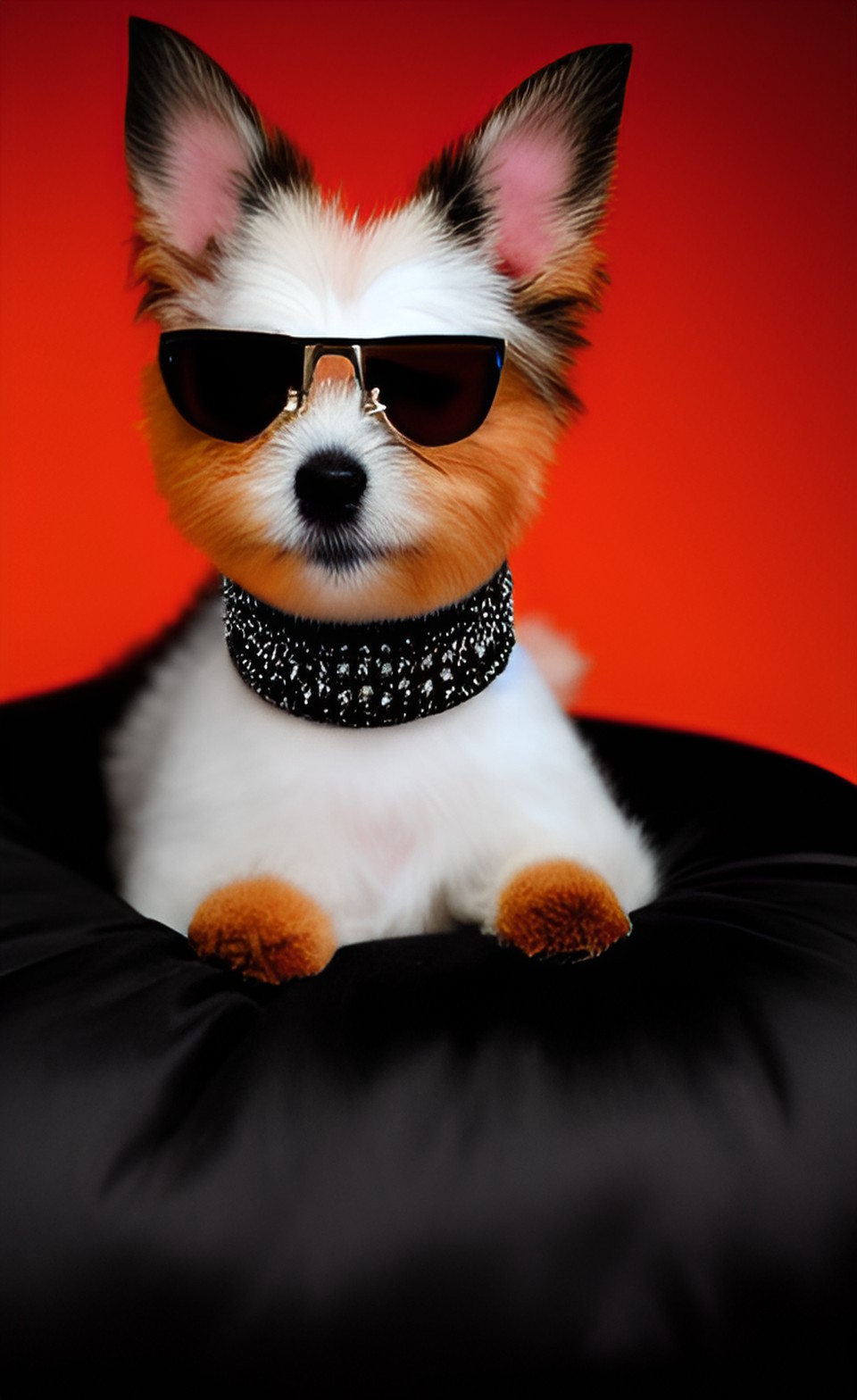 small dog wearing a rhinestone collar, resting on a black satin cushion, black velvet backdrop,  studio portrait preview