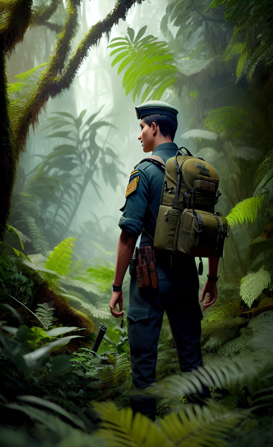 khaki soldier exploring a lush dense jungle preview