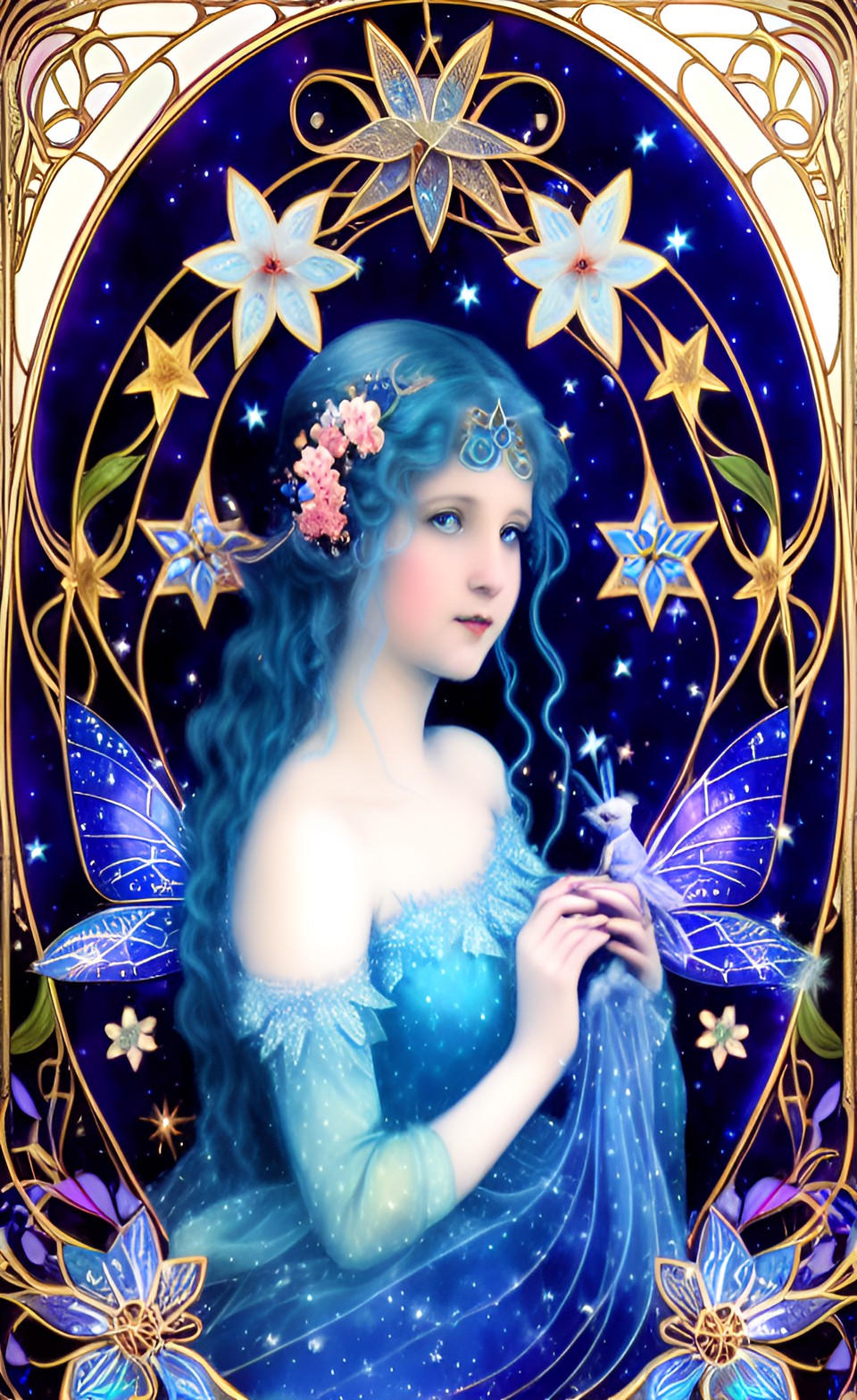 blue fairy among stars and flowers, art nouveau preview