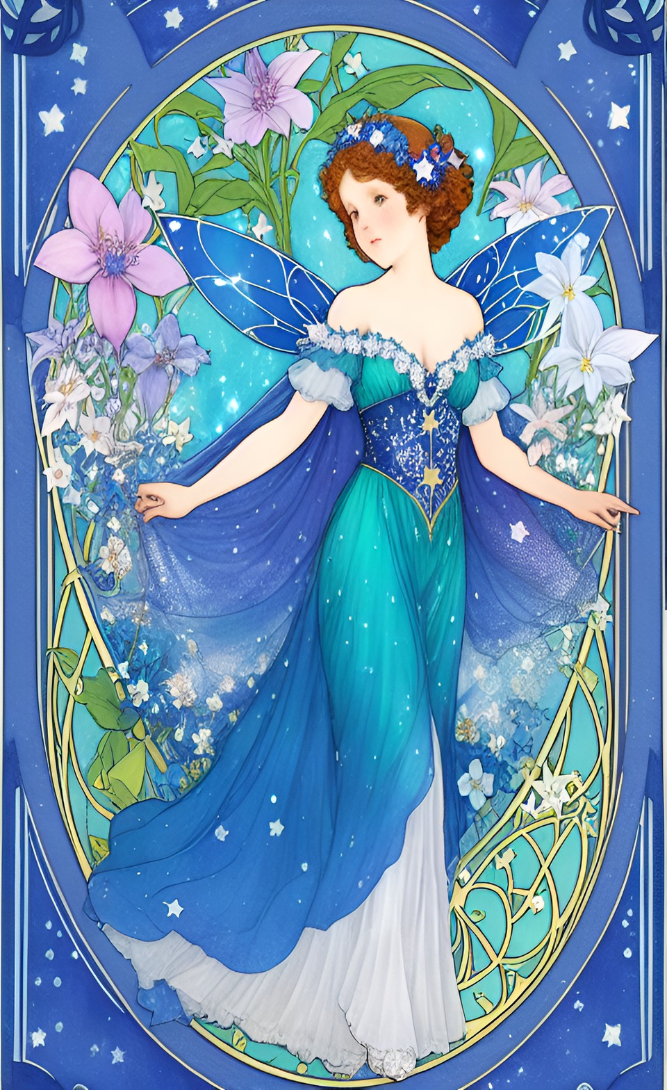 blue fairy among stars and flowers, art nouveau preview