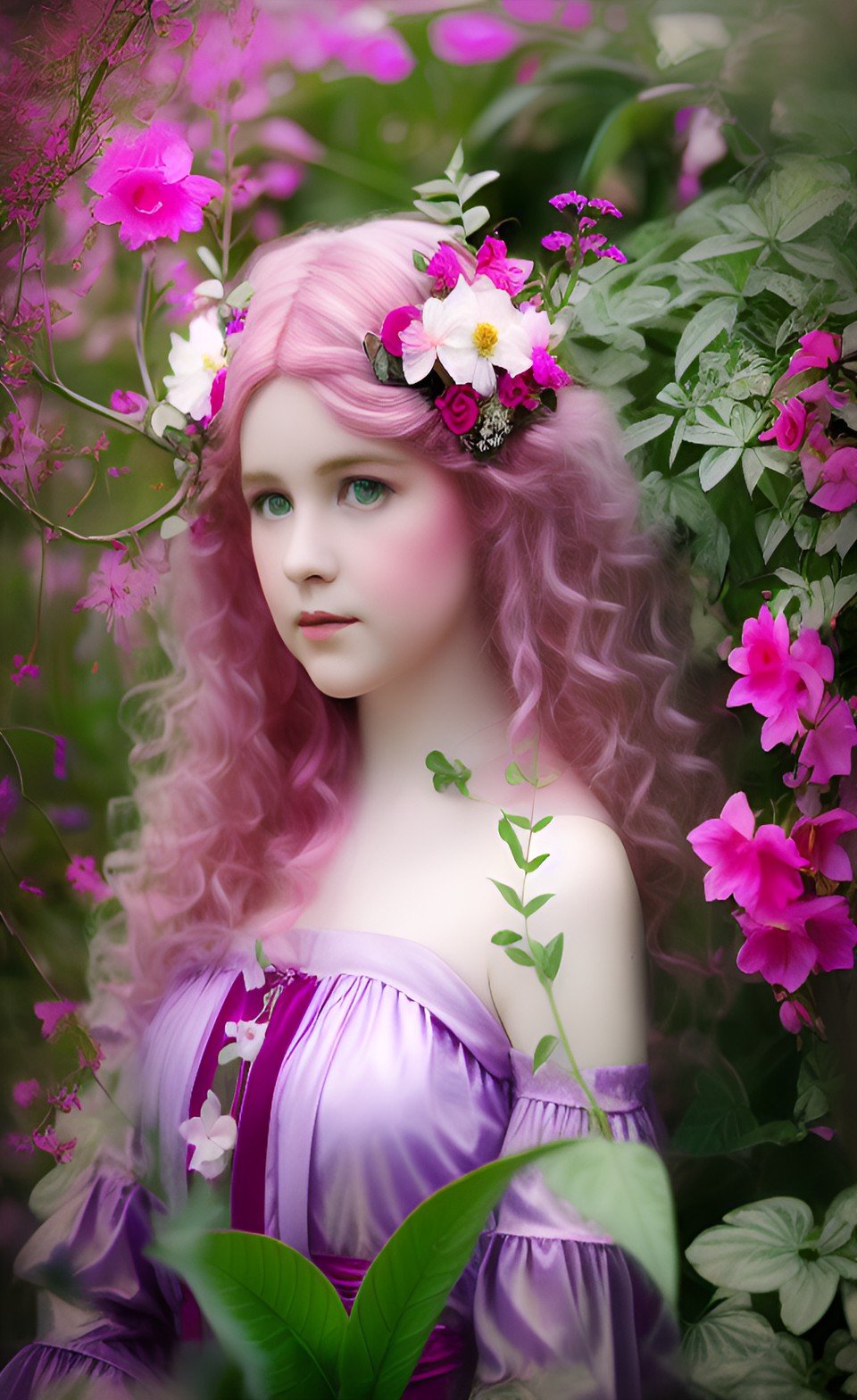 pink fairy among plants and flowers, art nouveau preview