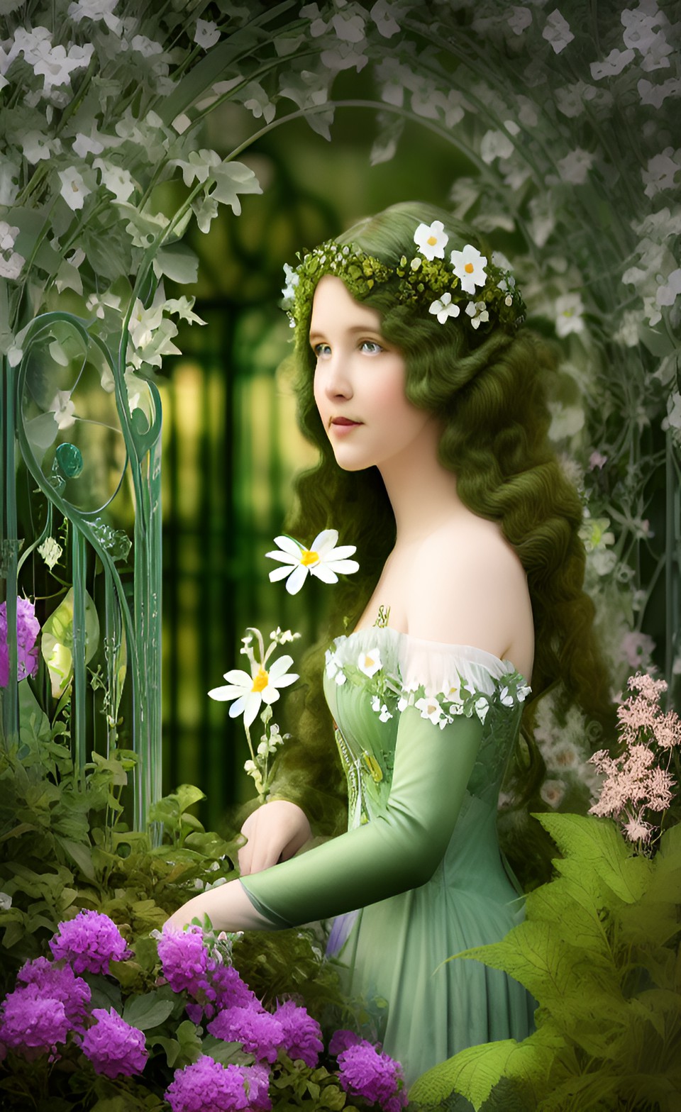 green fairy among plants and flowers, art nouveau preview