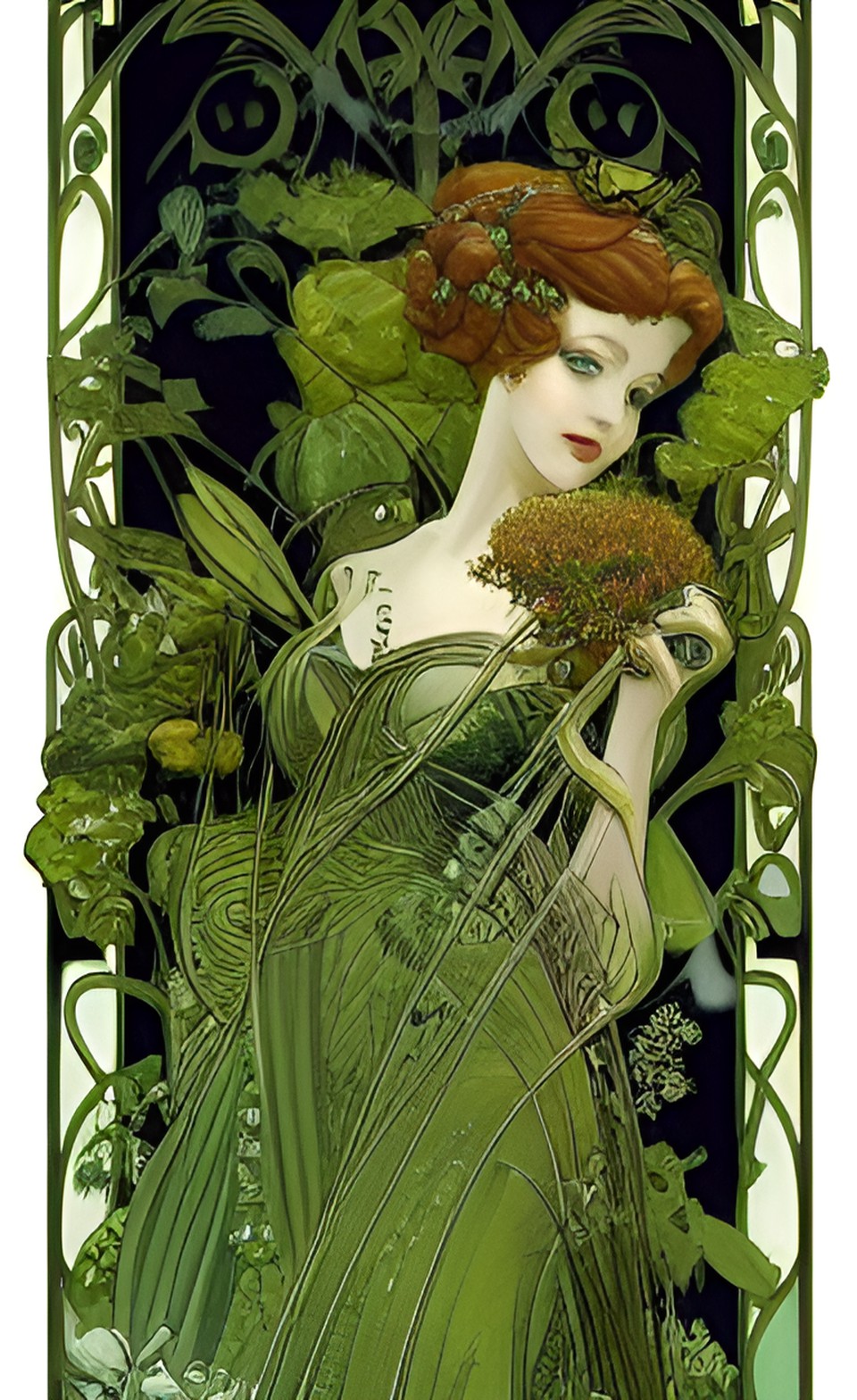 green fairy among plants and flowers, art nouveau preview