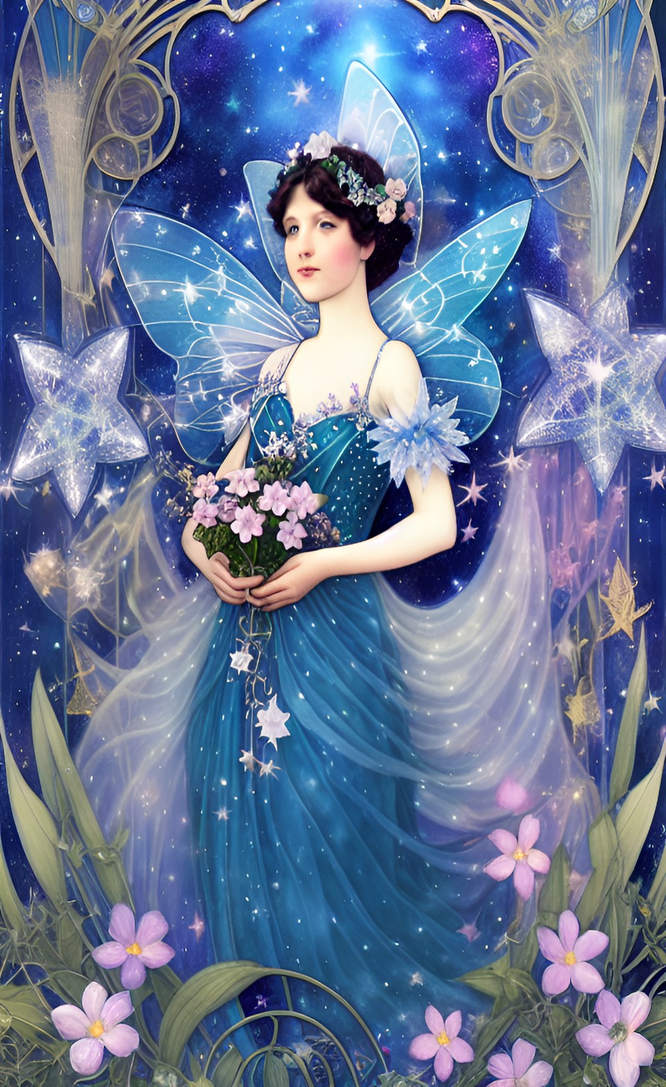 blue fairy among stars and flowers, art nouveau preview