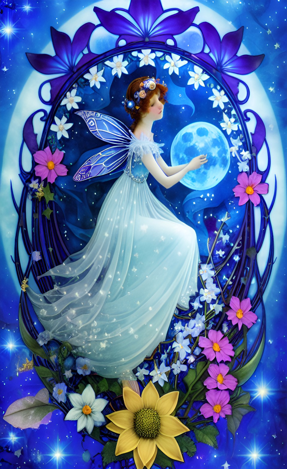 blue moon fairy among stars and flowers, art nouveau preview