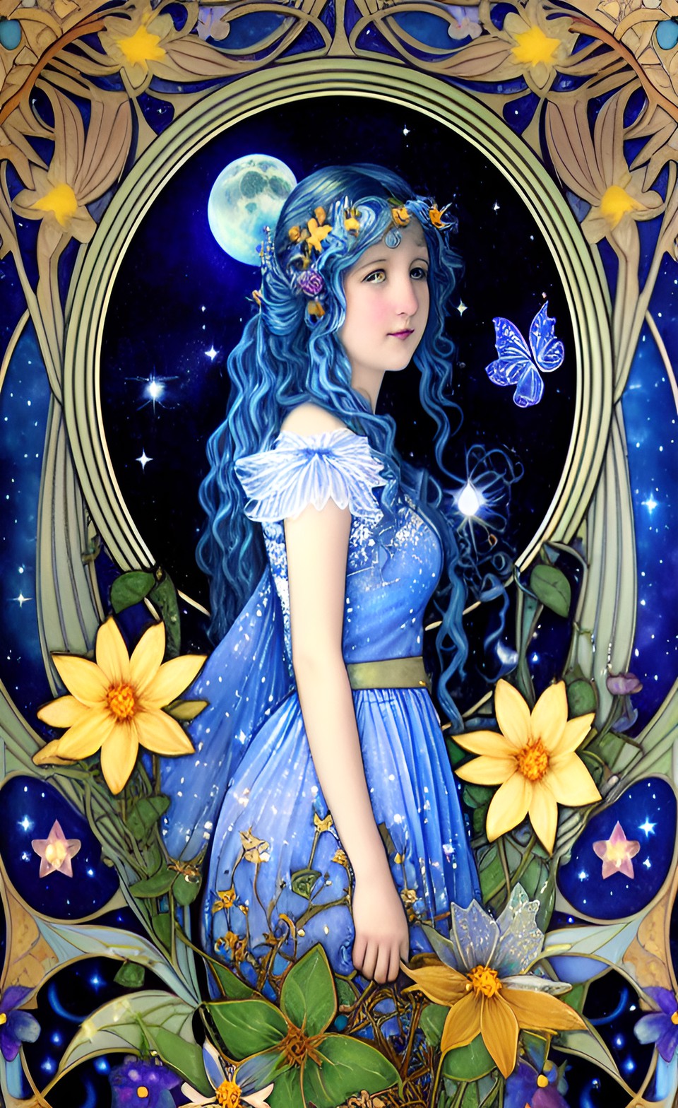 blue moon fairy among stars and flowers, art nouveau preview