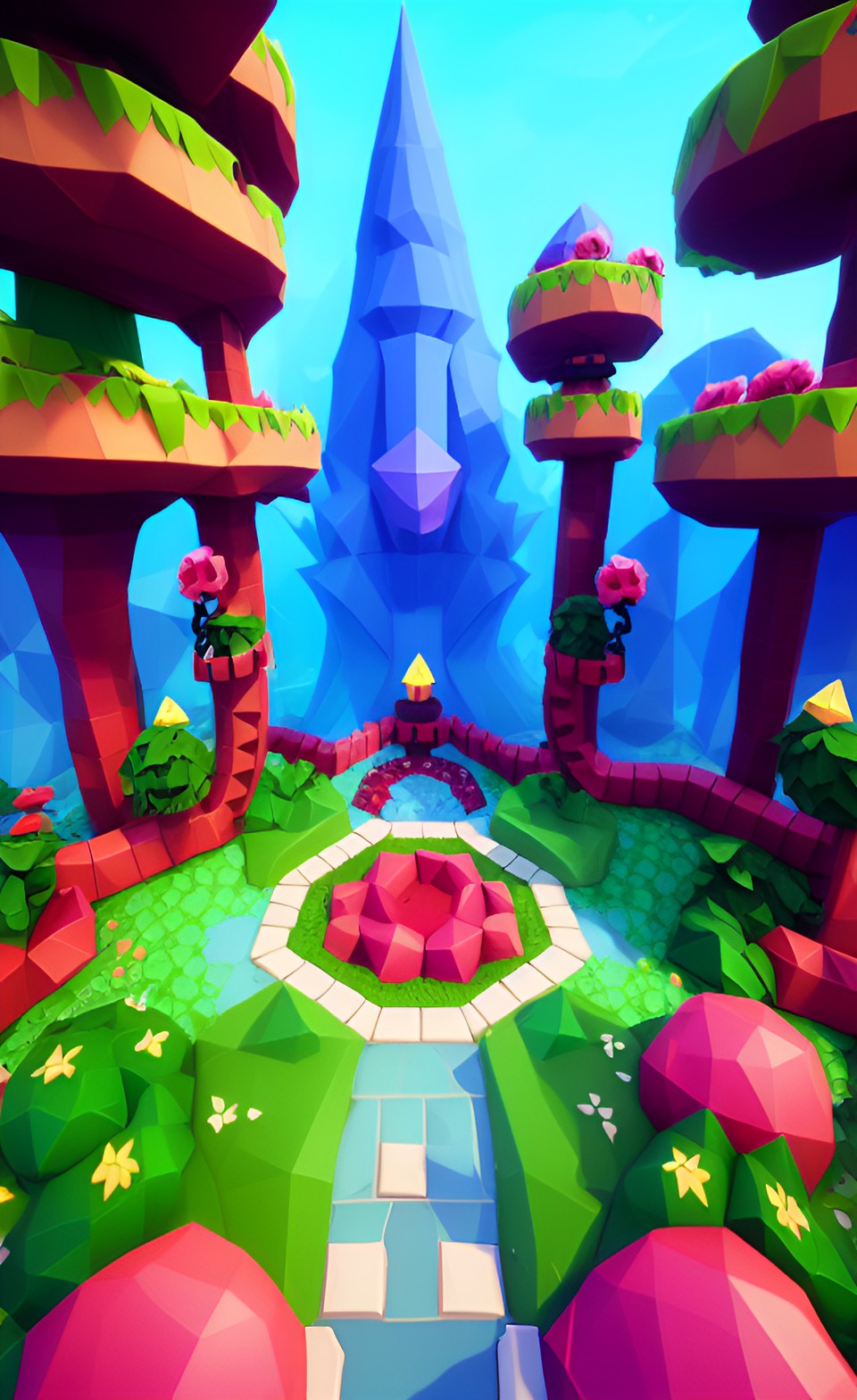 Gameland Dreamwood 1 - a low poly video game level of an adorable eldritch rose garden with gemstones on octopus trees preview