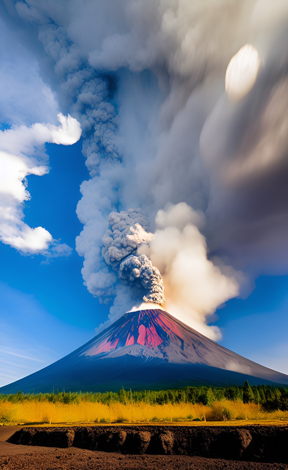 erupting volcano in a village hidden in the mountains preview