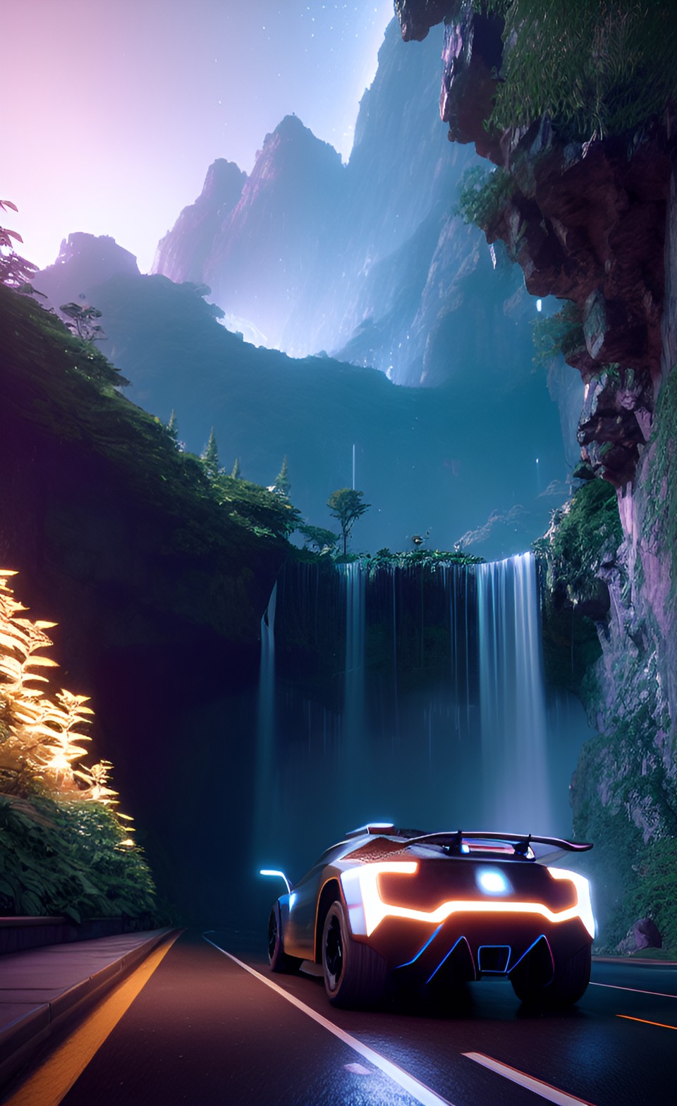 futuristic car brings joy through scenic routes, hidden waterfall, city lights, starry mountain sky. preview