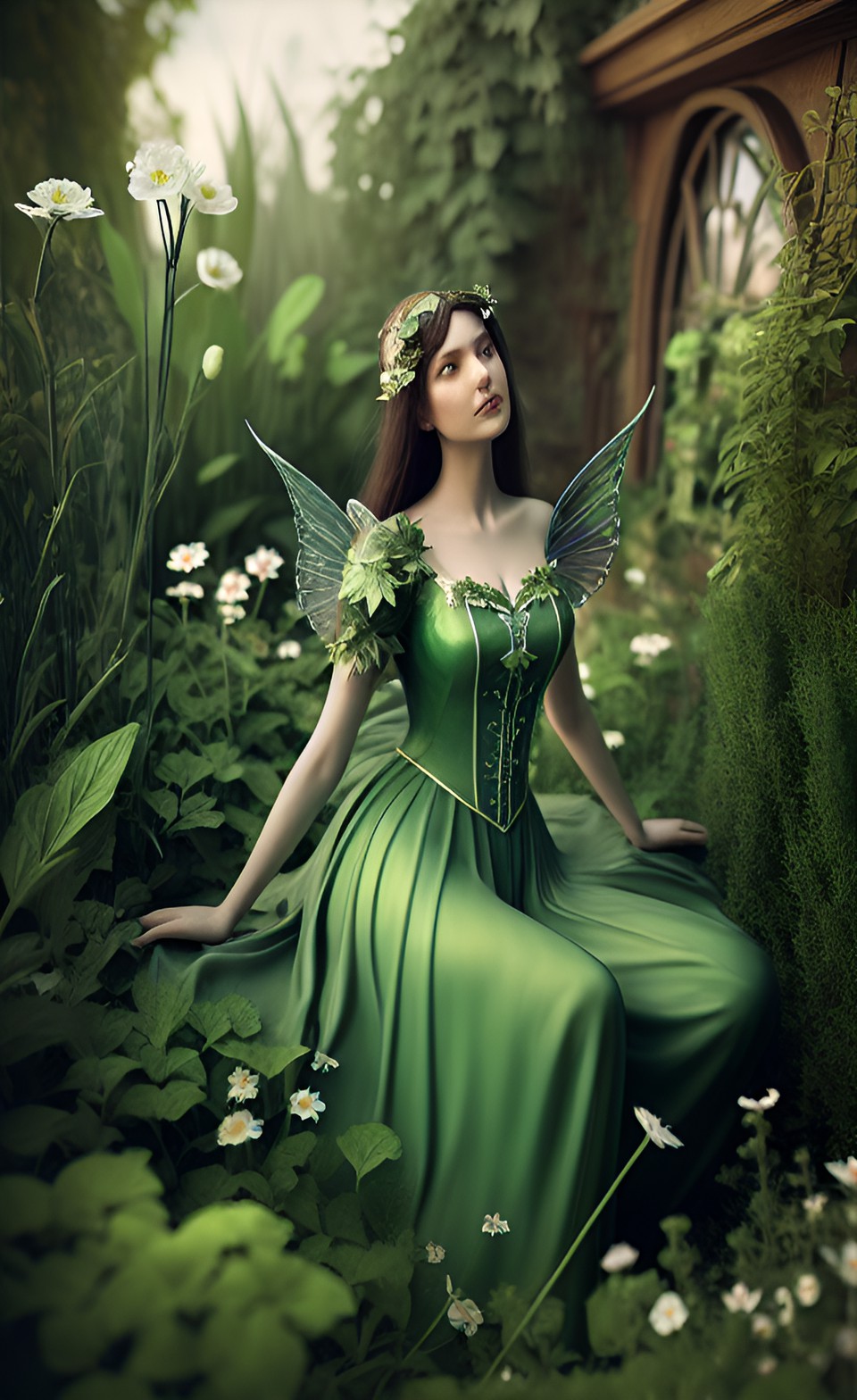 green fairy in herb garden, dreamlike, art nouveau preview