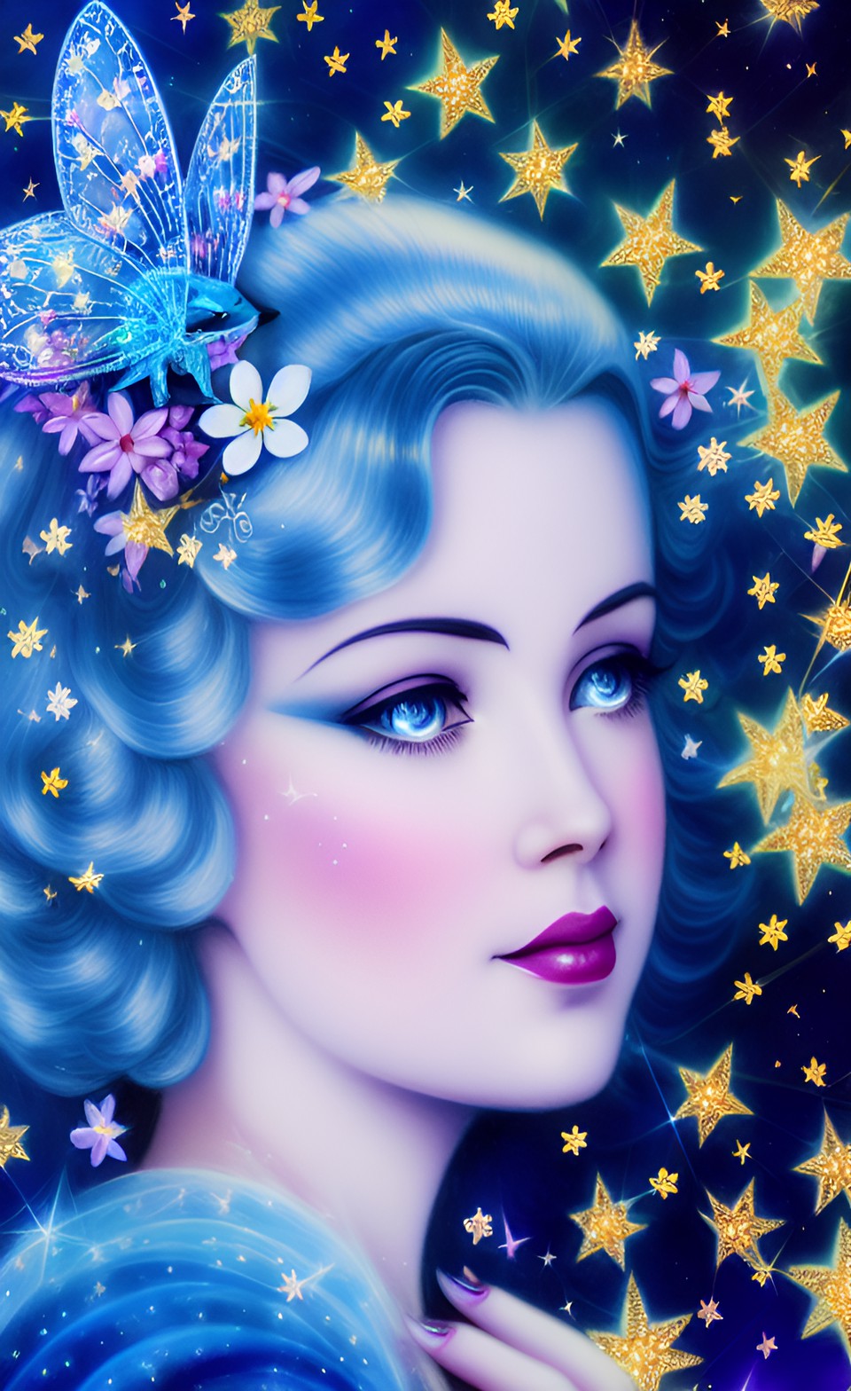 blue fairy among stars and flowers, art deco preview