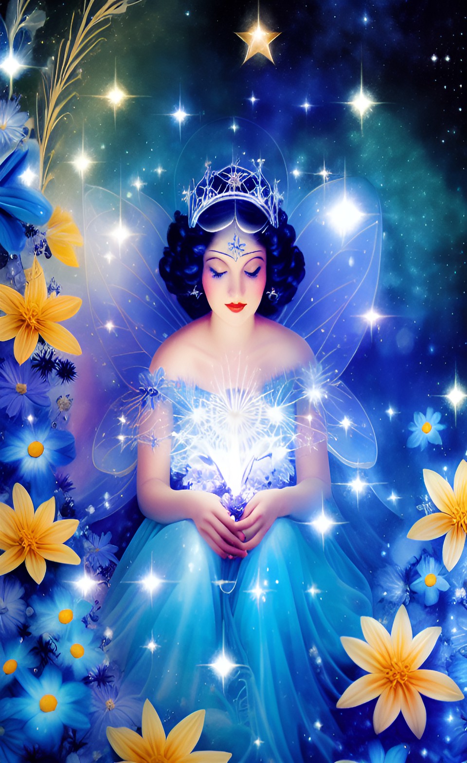 blue fairy among stars and flowers, art deco preview