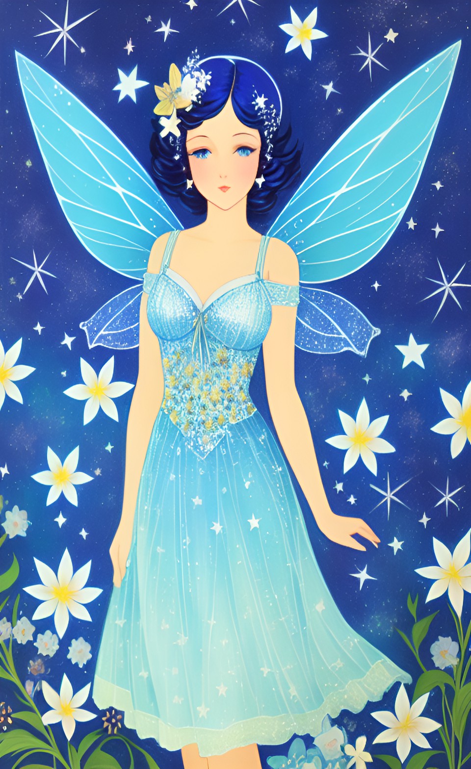 blue fairy among stars and flowers, art deco preview