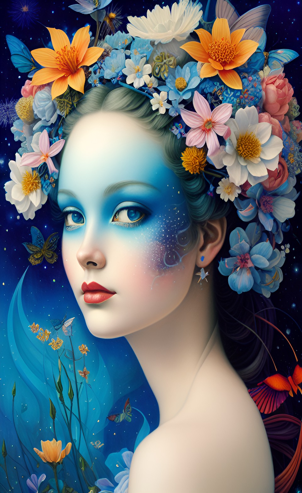 blue fairy among stars and flowers, art deco preview